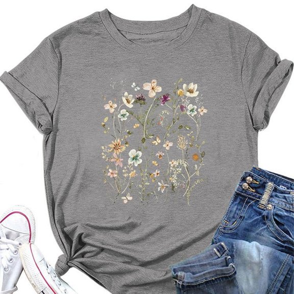 Wangmeiwg Elegant Casual Floral Print Round Neck Short Sleeve Women's T Shirt Shirt Light