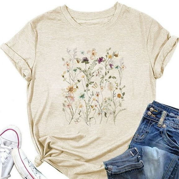 Wangmeiwg Elegant Casual Floral Print Round Neck Short Sleeve Women's T Shirt Shirt Light