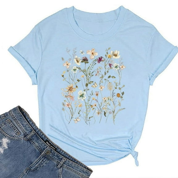 Wangmeiwg Elegant Casual Floral Print Round Neck Short Sleeve Women's T Shirt Shirt Light