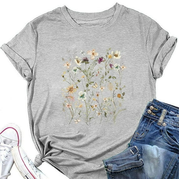 Wangmeiwg Elegant Casual Floral Print Round Neck Short Sleeve Women's T Shirt Shirt Light