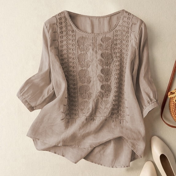 Wangmeiwg Elegant Floral Embroidered Neck T Shirt for Everyday and Wear in Pure Color# BrownXXL