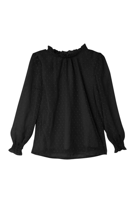 Elegant Girls Flocked Mesh Ruffle Blouse Long Sleeve Shirt With Elastic Stand Collar Tops For Teenage Party Dress 9-10 Years Black