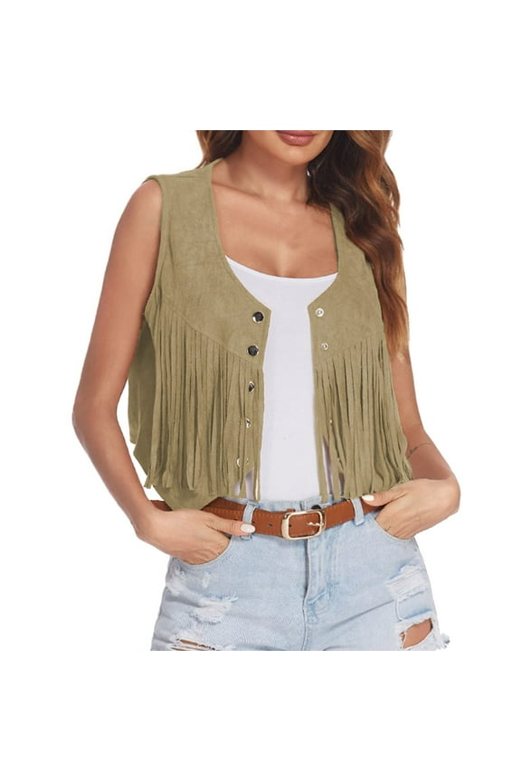 Fringe Vest for Women Suede Open Front Sleeveless 70s Hippie Boho Western Style Jacket Outerwear Brown L