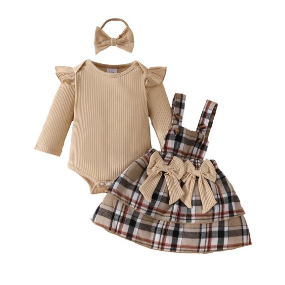 Wangmeiwg Girl Ribbed Romper with Plaid Bowknot Suspender Skirt Outfit Set 6-9 Months Khaki