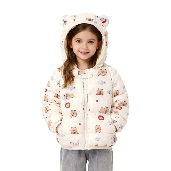 Wangmeiwg Girls Cartoon Print Short Down Jacket Winter Warm Insulated Lightweight Windproof Outerwear For Toddlers And Kids 6-12 Months Beige
