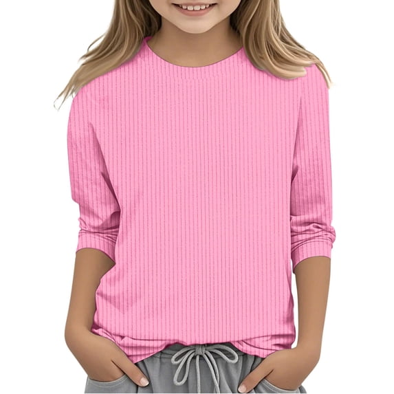 Wangmeiwg Girls Casual Lightweight Knit Shirt Ribbed Crew Neck Three Quarter Sleeve Soft Comfy Loose Fit Pullover Top 5-6 Years Pink