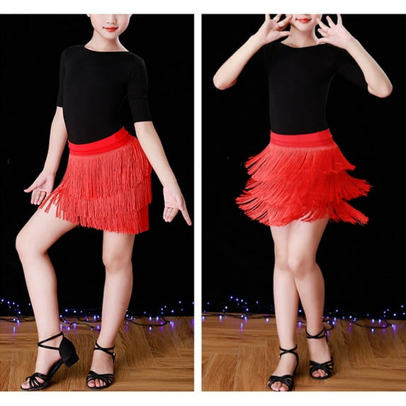 Wangmeiwg Girls' Dresses Elegant Girls Dance Skirt with Flowing Fringe for Latin Ballroom Performance and Stage 10-11 Years Red