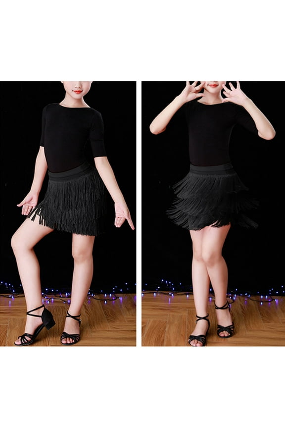 Girls' Dresses Elegant Girls Dance Skirt with Flowing Fringe for Latin Ballroom Performance and Stage 6-7 Years Black