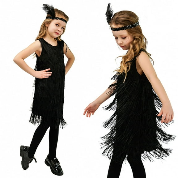 Wangmeiwg Girls' Dresses Elegant Girls Flapper Dance Dress with Sequins Fringe Tassel Details and Feather Headband for Latin Tango Ballroom Performance 10-12 Years Black