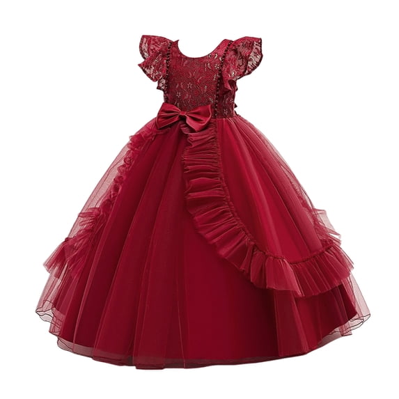 Wangmeiwg Girls' Dresses Elegant Girls Long Formal Gown for Summer Piano Recital Performance and with Delicate Lace Mesh Bowknot Design 9-10 Years Red
