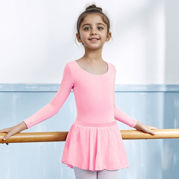 Wangmeiwg Girls' Dresses Elegant Long Sleeve Ballet Dance Dress with Skirted Leotard and Tutu Outfit for Young Ballerina Girls 8-9 Years Red