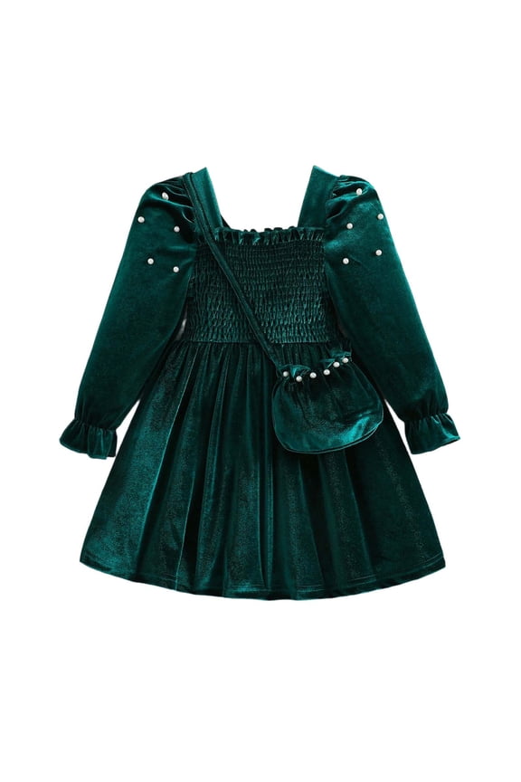 Girls' Dresses Elegant Winter Velvet Girls Dress Featuring Floral Pearl Shoulder And Delicate Ruffle Sleeves For Holiday Parties And Formal Events 5-6 Years Green