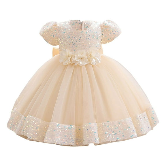 Wangmeiwg Girls' Dresses Mesh Childrens Dress for Little Girls Elegant Party Wear and Fashionable Outfit with Comfortable Design 4-5 Years Beige