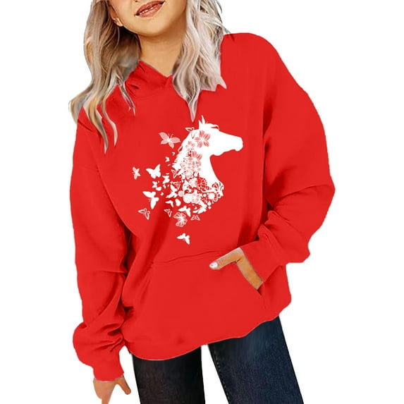 Wangmeiwg Girls Hoodies & Sweatshirts Kids Horse Print Long Sleeve Hoodie for Girls Lightweight Cozy Sweatshirt Apparel 10-11 Years Red