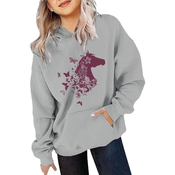 Wangmeiwg Girls Hoodies & Sweatshirts Kids Horse Print Long Sleeve Hoodie for Girls Lightweight Cozy Sweatshirt Apparel 6-7 Years Grey