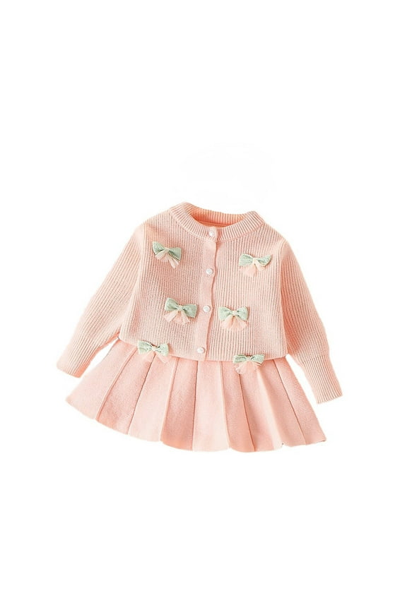 Girls Korean Style Knitted Cardigan Coat And Dress Fashion Outfit Set For Autumn Winter 2-3 Years Pink