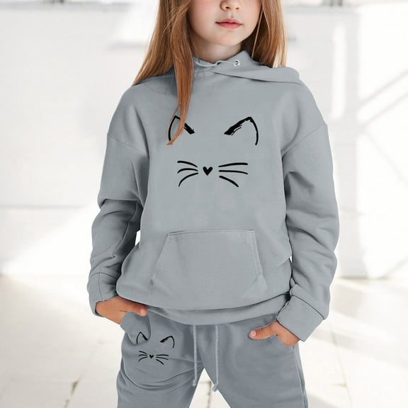 Wangmeiwg Girls Long Sleeve Hoodie and Pants Set with Playful Cartoon Graphics Cozy Two Piece Outfit for Toddlers and Kids 2-3 Years Grey