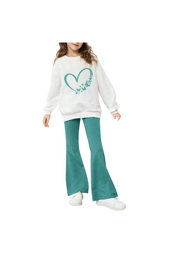 Girls Outfits Set Cute Letter Print Crewneck Hooded Top and Long Pants Comfy Casual Wear for Toddlers and Kids 13-14 Years Mint Green