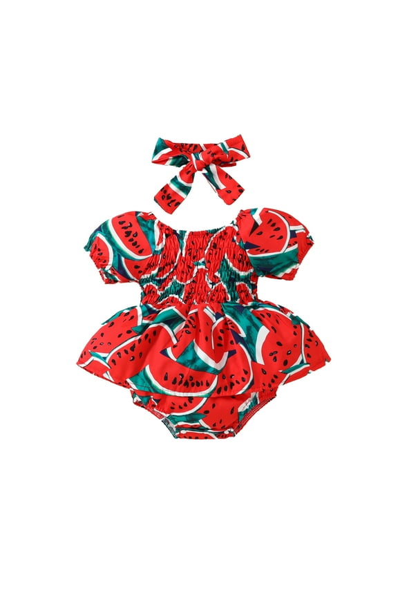 Girls Short Sleeve Watermelon Prints Romper Bodysuits Headbands Outfits Baby Undershirt