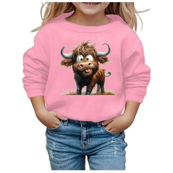 Wangmeiwg Girls Winter Cute Cow Print Round Neck Long Sleeve Casual Hoodless Sweatshirt Top for Autumn Season 9-10 Years Pink