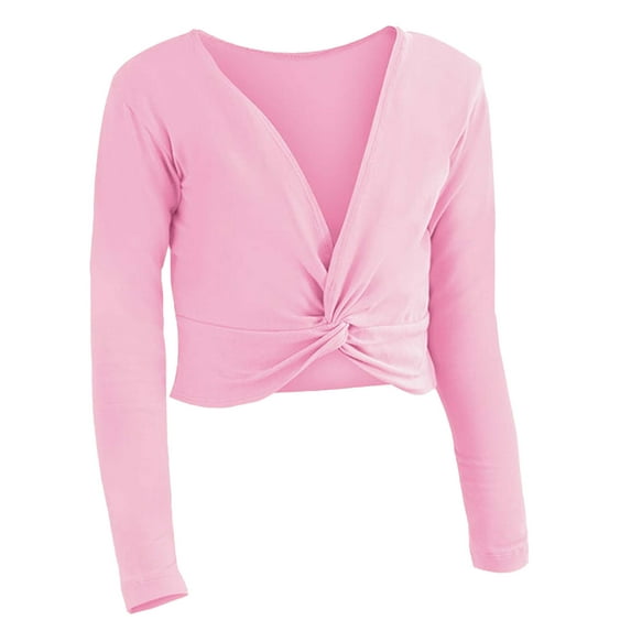 Wangmeiwg Long Sleeve Ballet Wrap Top for Girls Pure Color Dance Leotard Pullover Casual Layering Tee School Yoga Sports Wear 11-12 Years Pink