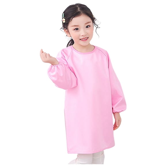 Wangmeiwg Long Sleeve Kid Art Smock Solid Color Apron For Children Printed Artist Painting Wear Protective Garment 8-12 Years Pink