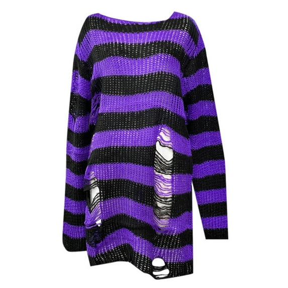 Wangmeiwg Loose Oversized Striped Sweater For Women Mid Length Pullover With Holes Lightweight Knitwear Long Sleeve Pullover for Women