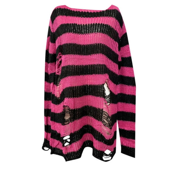 Wangmeiwg Loose Oversized Striped Sweater For Women Mid Length Pullover With Holes Lightweight Knitwear Long Sleeve Pullover for Women