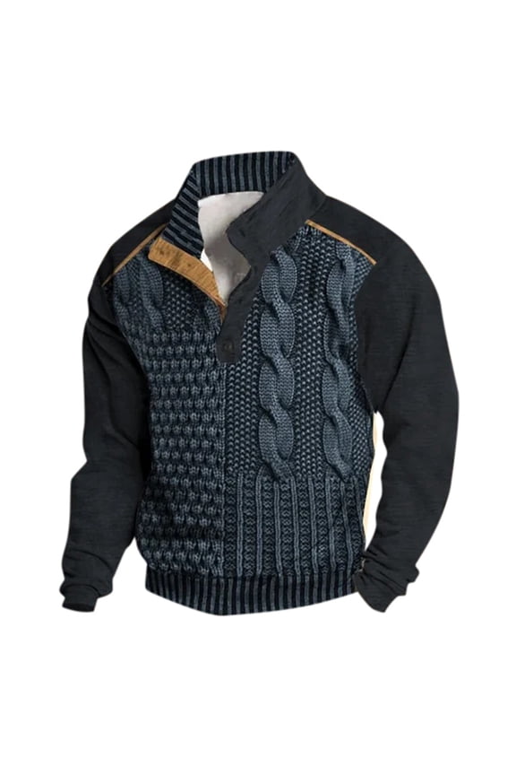 Men's Western Style Digital Print Stand Collar Tie Buckle Pullover Sweater Casual Streetwear Top Navy