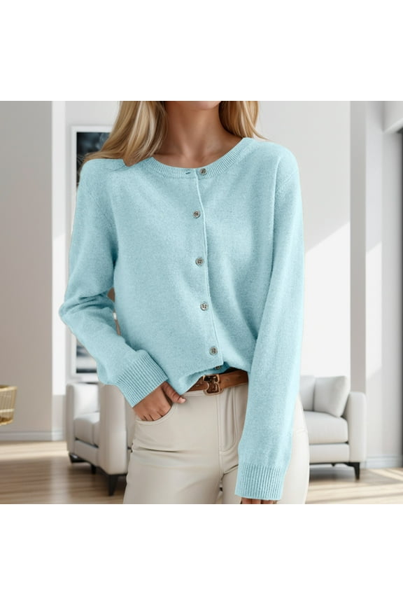 Product Category Women's Cardigan Knitwear - Classic Crew Neck Button Collar Front Open Sweater Green XXL