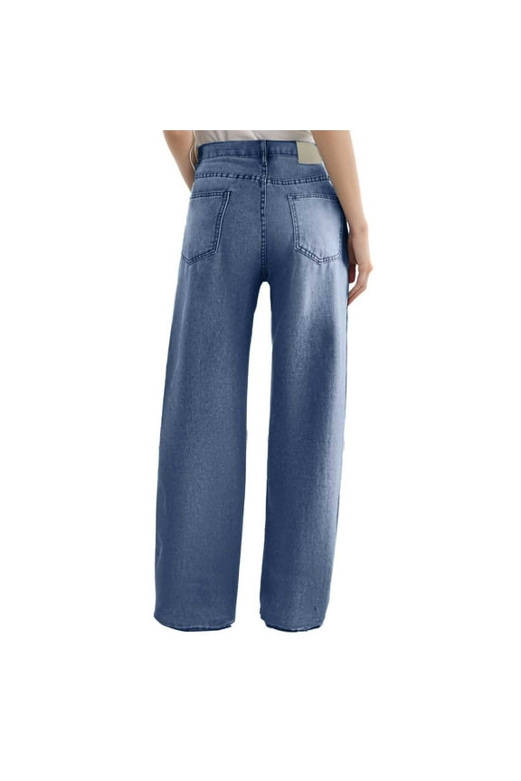 Retro Washed Mid Waist Loose Pleated Straight Leg Version Elastic Waist Versatile Jeans Business Casual Clothes for Women Pants