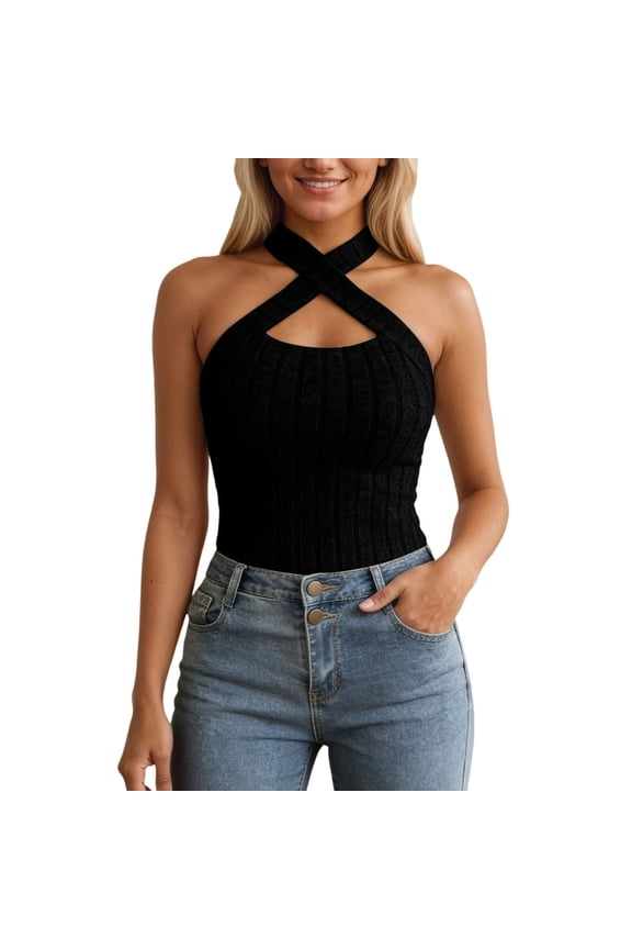 Ribbed Knit Neck Sleeveless Top for Comfort - Casual Tee Shirt with Soft Brushed Fabric Versatile Sleeveless Design Easy Black M