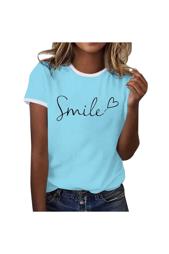 Spring Fashion Women's Casual Floral Print Short Sleeve T Shirt Blouse Top Breathable Blend Lightweight Summer Sky Blue L