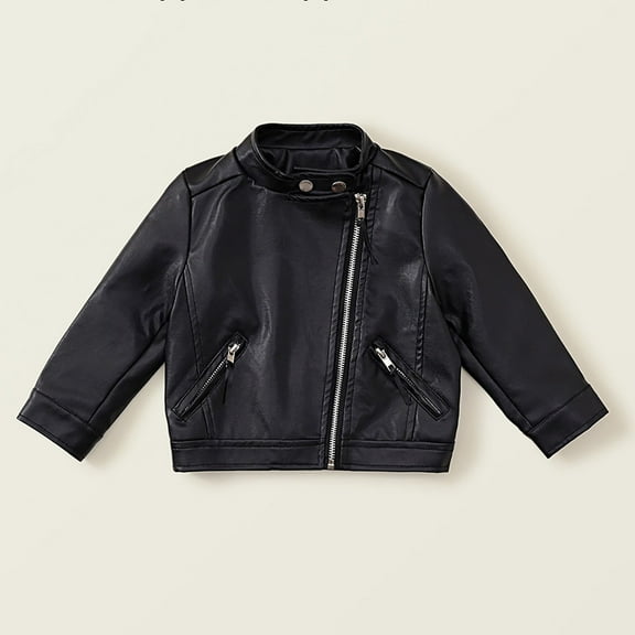 Wangmeiwg Stylish Girls Motorcycle Outerwear PU Leather Jacket Slim Fit Coat for Teens Youth Fashion 8-9 Years Black