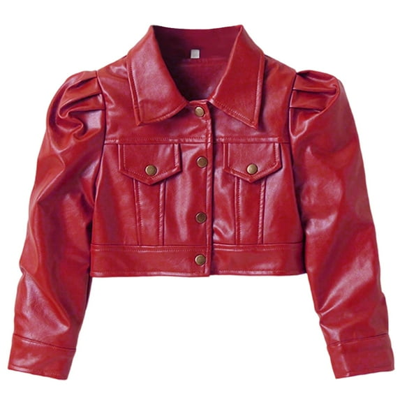 Wangmeiwg Stylish Toddler Girls Motorcycle PU Leather Jacket with Turn Down Collar Long Sleeve Crop Outerwear Coat for 5-6 Years Red