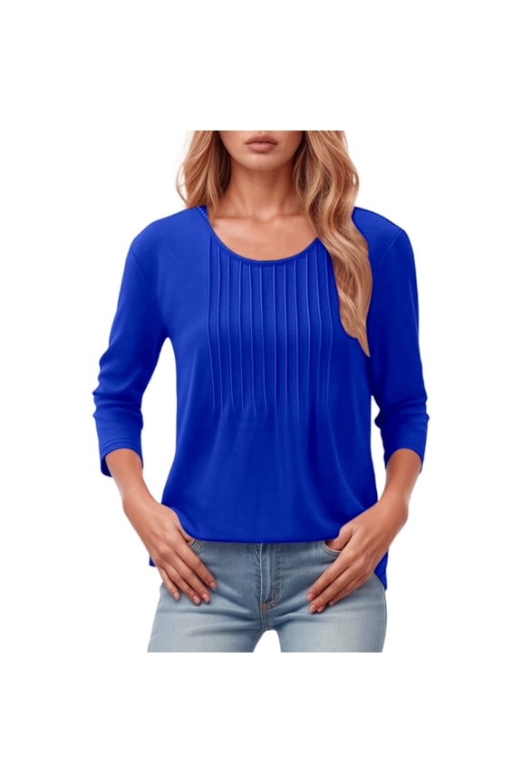 Stylish Women's Long Sleeve Pleated Top for and Wear Blue XXL