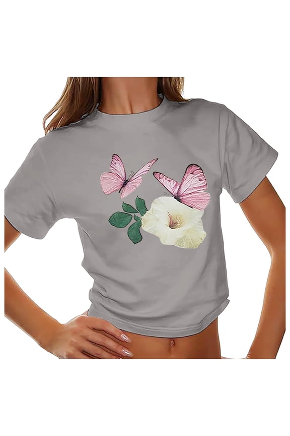 Summer Casual Midriff T Shirt Short Sleeve Round Neck T Shirts for Women