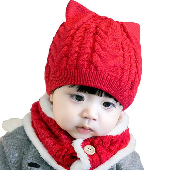 Wangmeiwg Winter Lined Knitted Cat Hat and Scarf Set for Toddler Boys Girls with Soft Neck Warmer One Size Red