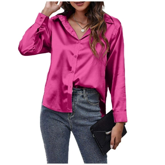 Wangmeiwg Women Blouse Satin Silk Button Down Shirt for Casual Workwear Long Sleeve Loose Fit Top Hot Pink M