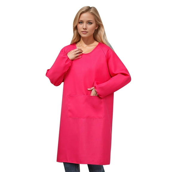Wangmeiwg Women Kitchen Apron With Large Pockets Long Sleeves for Cooking Baking Cleaning - Protective Chef Apron for Home Kitchen BBQ Grilling and Use Hot Pink One Size