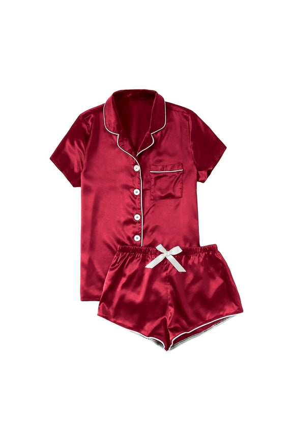 Women's Satin Pajama Set Comfortable Short Sleeve Button Down Sleepwear Loungewear for Cozy Nights and Relaxing Mornings Red XXXL