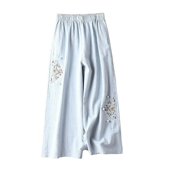 Wangmeiwg Women' S Culottes Linen Blend Wide Leg Pants Elastic Waist Casual Palazzo Trousers With Pockets Capris Sweat Pants Female