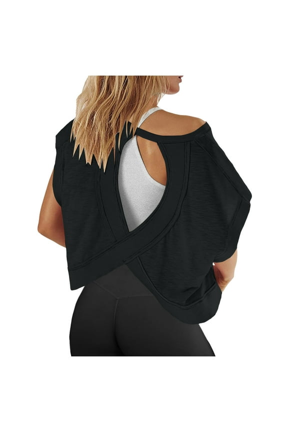 Women Short Sleeve Workout Shirts Open Back Tops for Casual Yoga Athletic Gym Slouchy Crop Running Tees Women's T-Shirts Black S