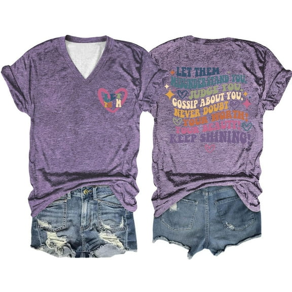 Wangmeiwg Women Summer Let Them Misunderstand You Letter Double Printed V Neck T Shirt Stretch