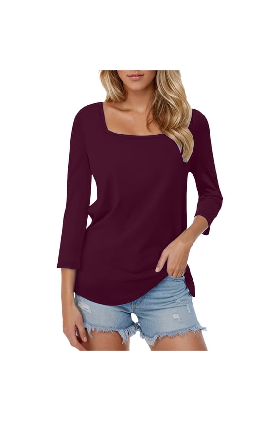 Women's 3/4 Sleeve Square Neck Color Block Top - Dressy Casual Blouses and Ladies Shirts in Lightweight Summer Fabric XXL