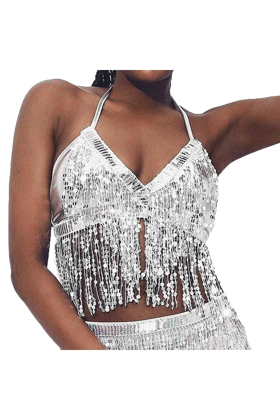 Women's Belly Dance Sequin Bra Tassel Clothing Tops for Performance and Stage Shows Silver