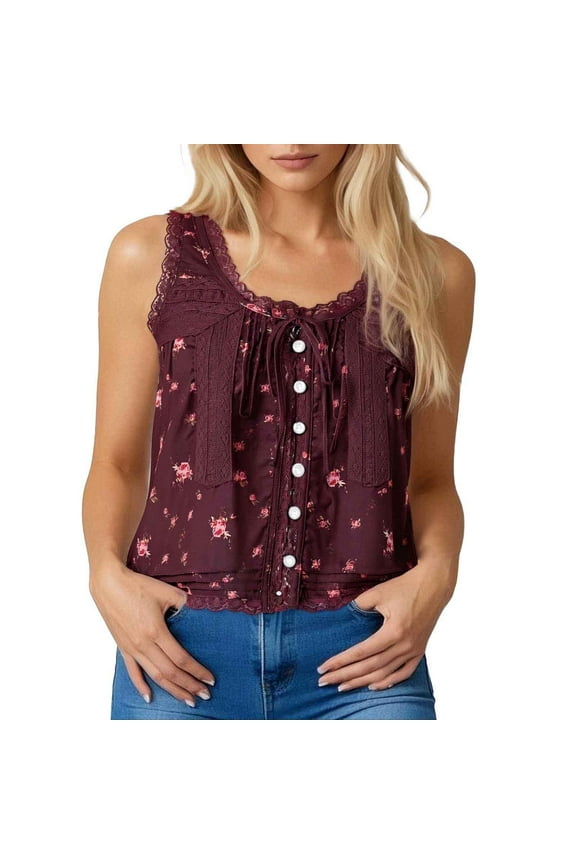 Women's Bohemian Style Lace Up Front Lace Vest Beach Button Up Top Sleeveless Mesh Chiffon Crop Top Clothing plus Size Undershirt