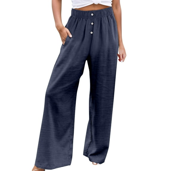 Wangmeiwg Women's Button Elastic Waist Wide Leg Casual Straight Leg Pants Tan Linen Pants Women