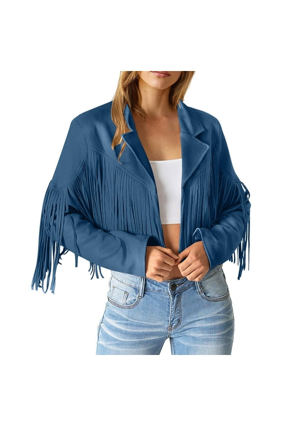 Women's Casual Jackets Cropped Fringe Motorcycle Coat with Tassel Detail for Modern Style Dark Blue XL
