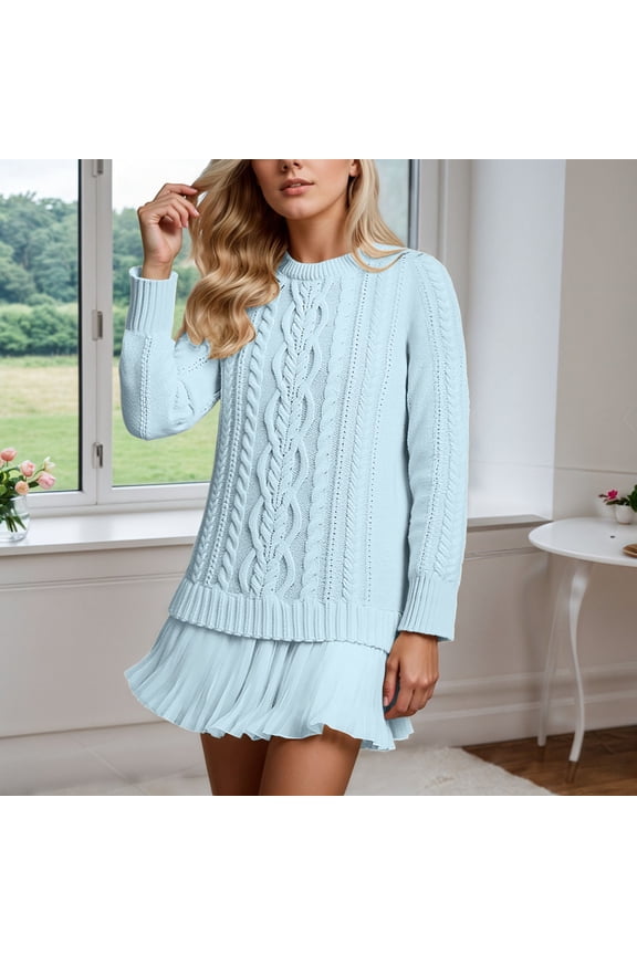 Women's Casual Knit Dress with Tunic Hem - Comfortable Solid Color Sweater Dress for Daily Wear Autumn Seasonal or Travel Outfit Blue2 L